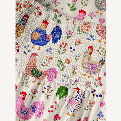 Colorful Farm Chickens Print Cotton Wide Straps Maxi Dress With Pockets