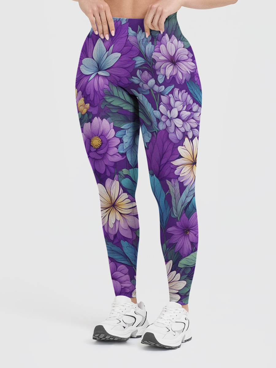 Vintage Dark Purple Dahlia Floral Leggings