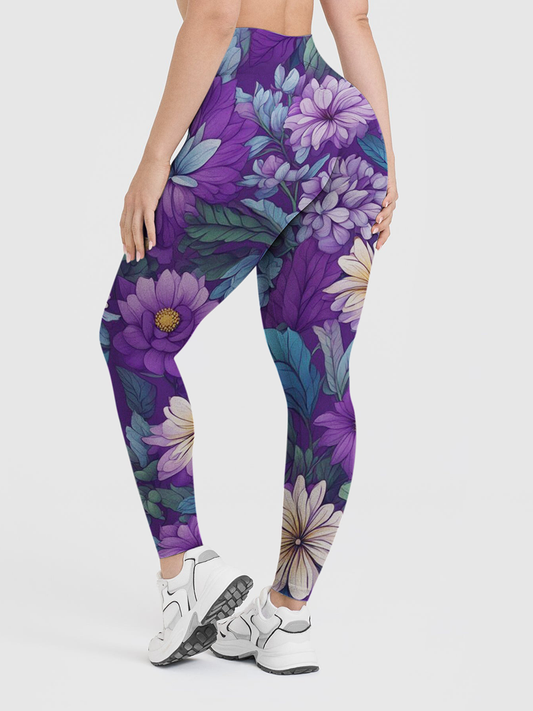 Vintage Dark Purple Dahlia Floral Leggings