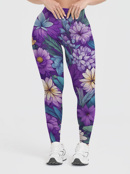 Vintage Dark Purple Dahlia Floral Leggings