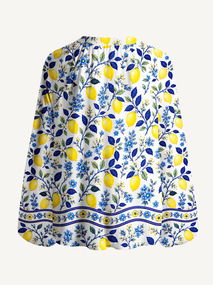 Blue Lemon Floral Print Boho Long Sleeve Tie‑Neck Blouse
