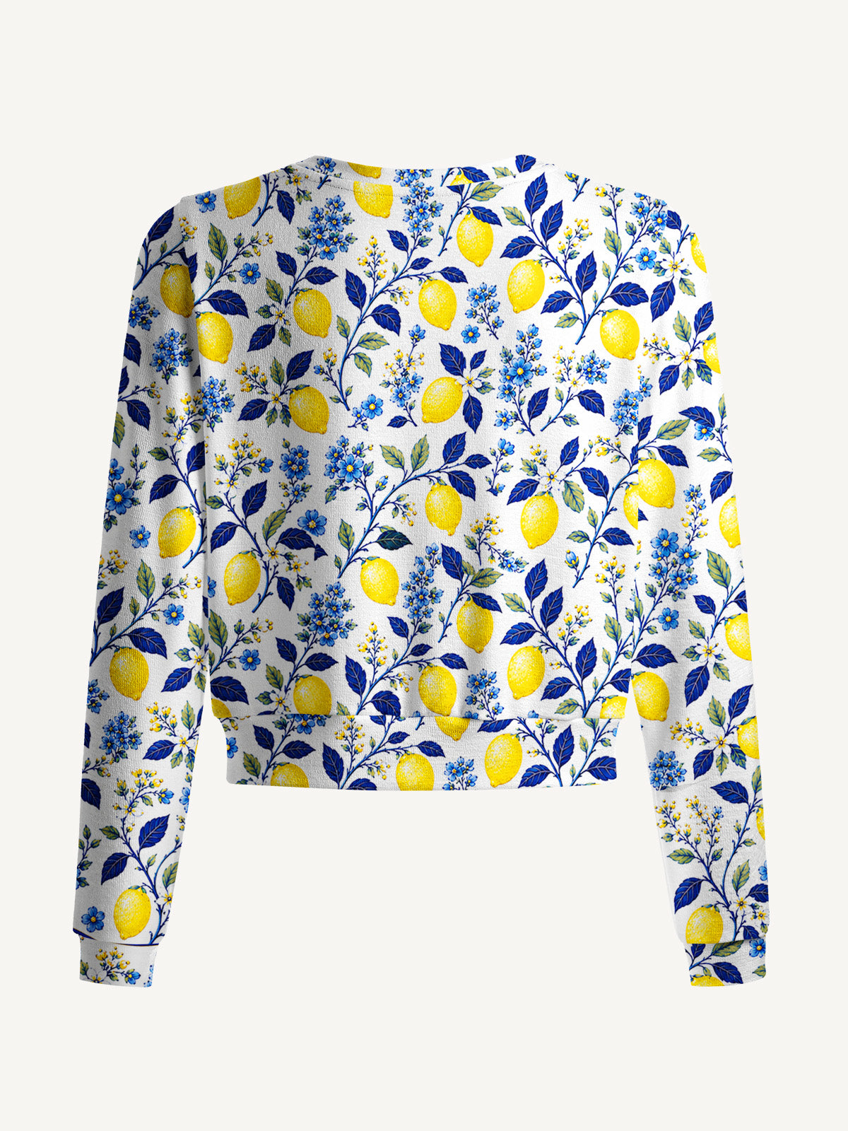 Lightweight Crew Neck Long‑Sleeve Cropped Blue Lemon Floral Print Fine‑Knit Cardigan