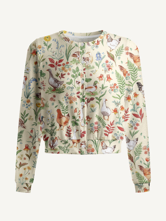 Lightweight Crew Neck Long‑Sleeve Cropped Countryside Garden Critter Print Fine‑Knit Cardigan