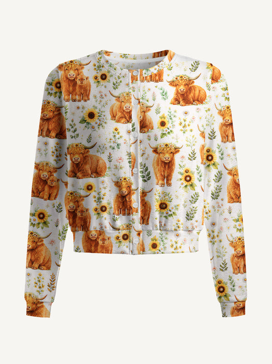 Lightweight Crew Neck Long‑Sleeve Cropped Spring Highland Cow Floral Print Fine‑Knit Cardigan