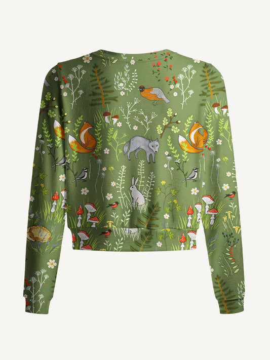 Lightweight Crew Neck Long‑Sleeve Cropped Whimsical Woodland Animals Print Fine‑Knit Cardigan