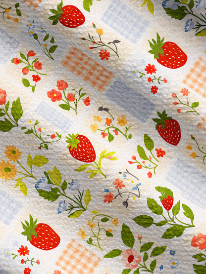 Lightweight Crew Neck Long‑Sleeve Cropped Strawberry Garden Patchwork Print Fine‑Knit Cardigan