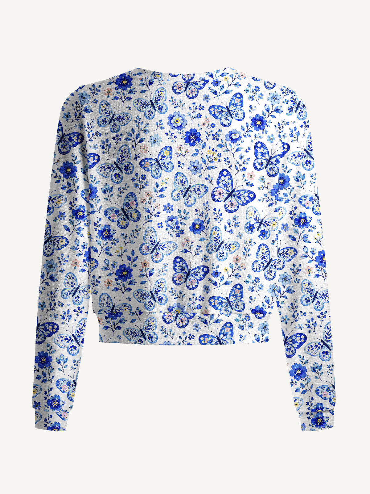 Lightweight Crew Neck Long‑Sleeve Cropped Delft Blue Butterfly Floral Print Fine‑Knit Cardigan