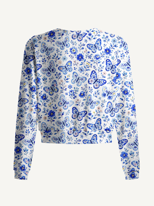 Lightweight Crew Neck Long‑Sleeve Cropped Delft Blue Butterfly Floral Print Fine‑Knit Cardigan