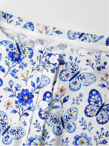 Lightweight Crew Neck Long‑Sleeve Cropped Delft Blue Butterfly Floral Print Fine‑Knit Cardigan