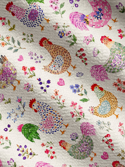 Lightweight Crew Neck Long‑Sleeve Cropped Colorful Farm Chickens Print Fine‑Knit Cardigan