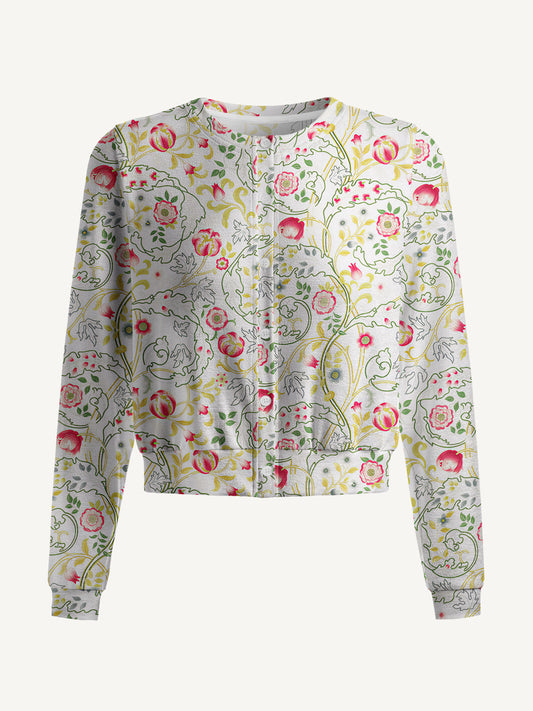 Lightweight Crew Neck Long‑Sleeve Cropped Peony Vine Garden Print Fine‑Knit Cardigan