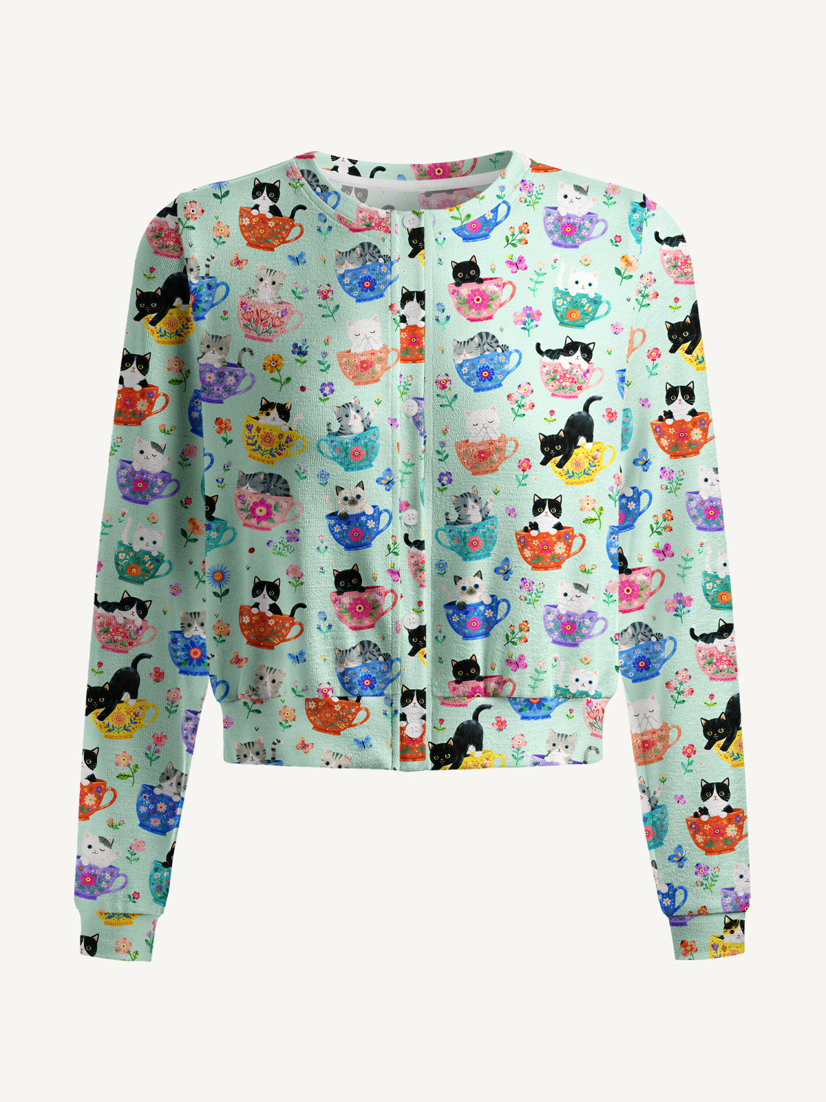 Lightweight Crew Neck Long‑Sleeve Cropped Cute Teacup Kitten Print Fine‑Knit Cardigan