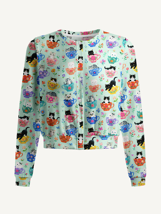 Lightweight Crew Neck Long‑Sleeve Cropped Cute Teacup Kitten Print Fine‑Knit Cardigan