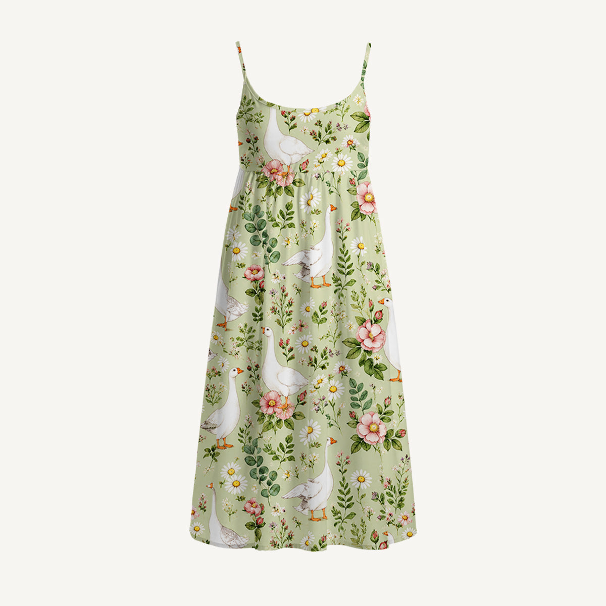 Pastoral Goose Garden Print Spaghetti Strap Mini Dress