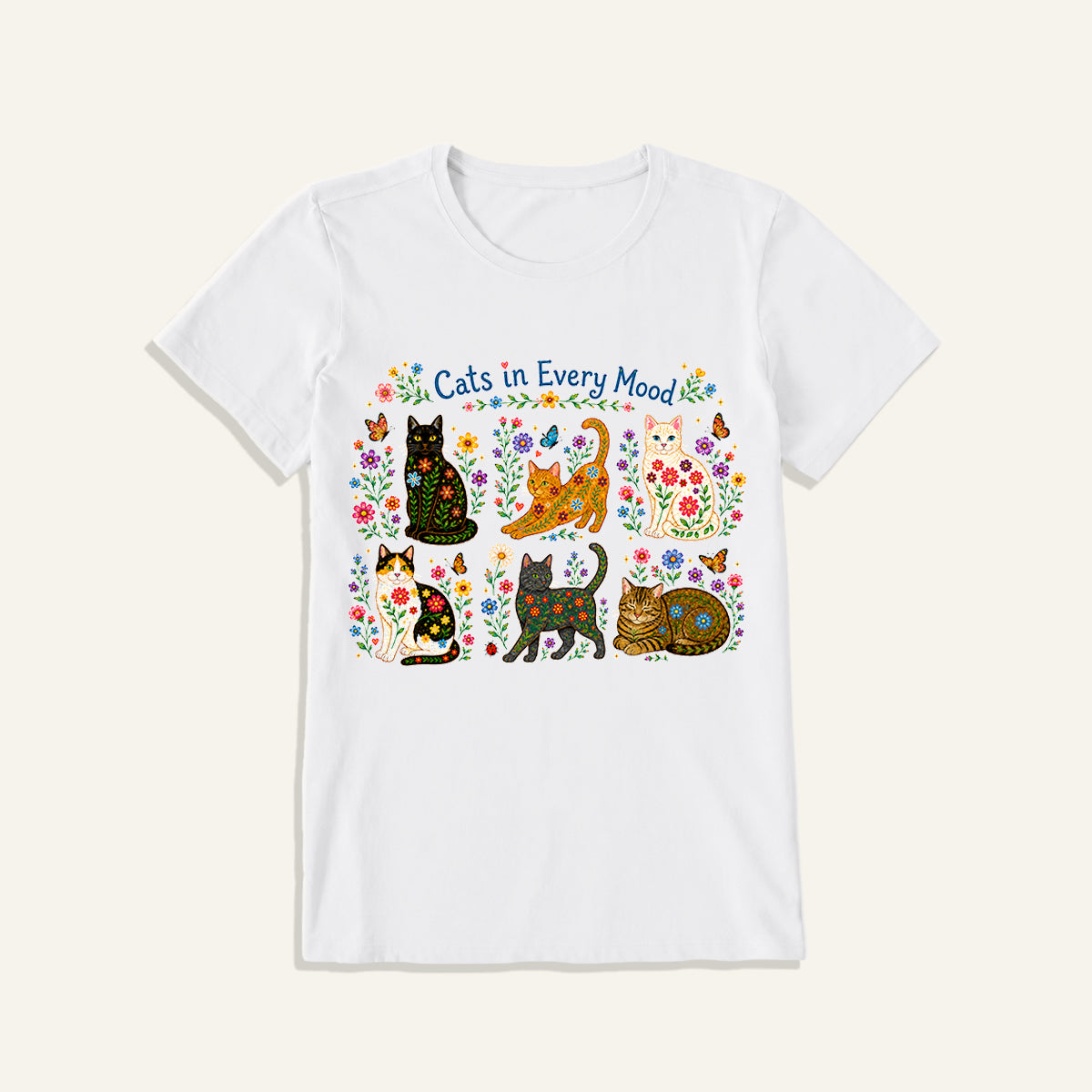 Cats in Every Mood Print Crew Neck Cotton Tee