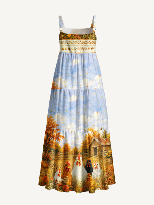 Autumn Farmyard Chicken Garden Print Wide Straps Maxi Dress With Pockets
