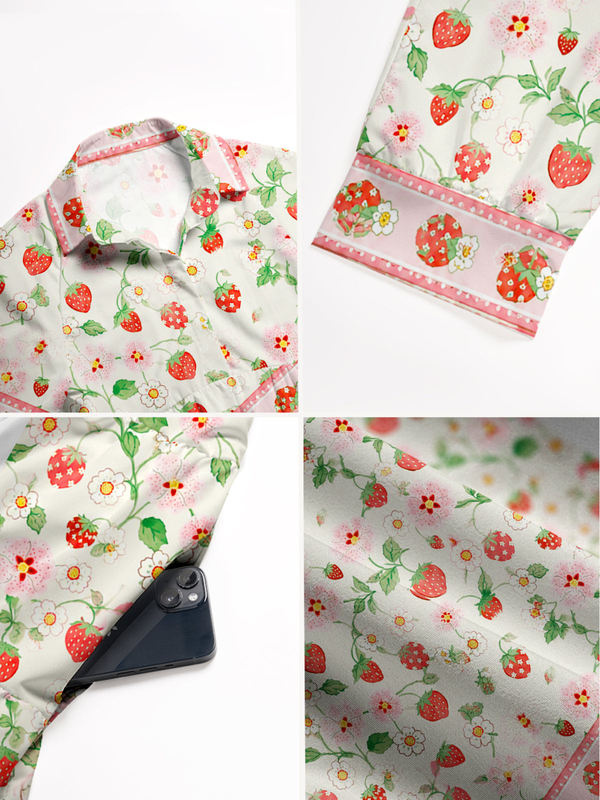V Neck Collared Strawberry Meadow Print Casual Midi Dress With Pockets