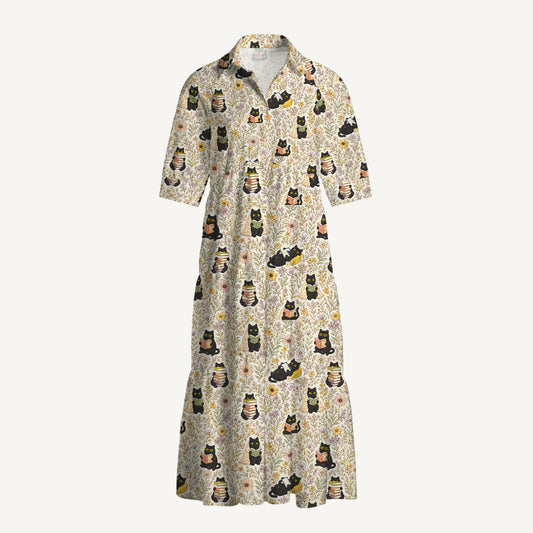 V Neck Collared Books Blooms and Black Cats Print Casual Midi Dress With Pockets