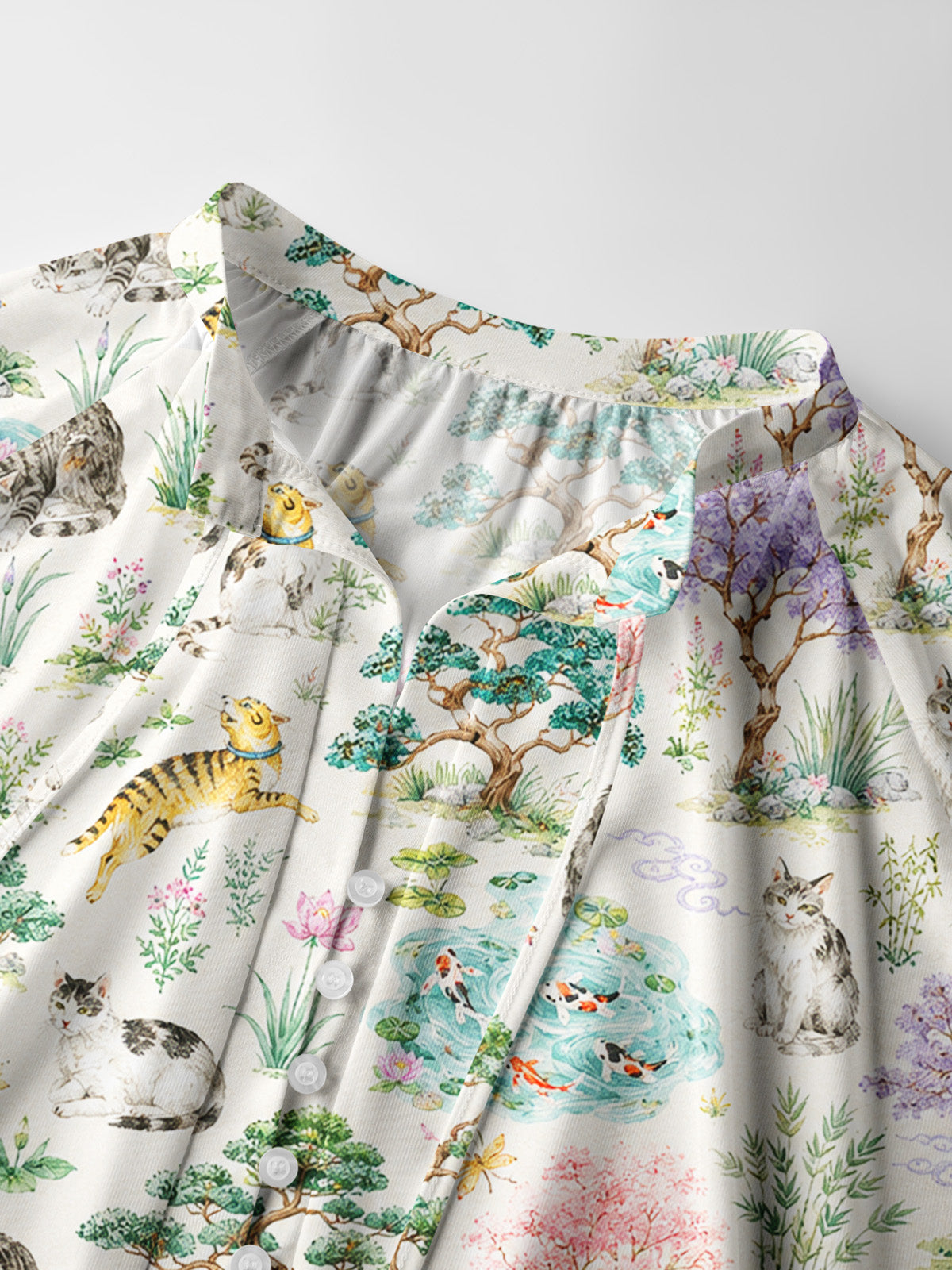 Cats in a Tranquil Garden Pond Scene Print Boho Long Sleeve Tie‑Neck Blouse