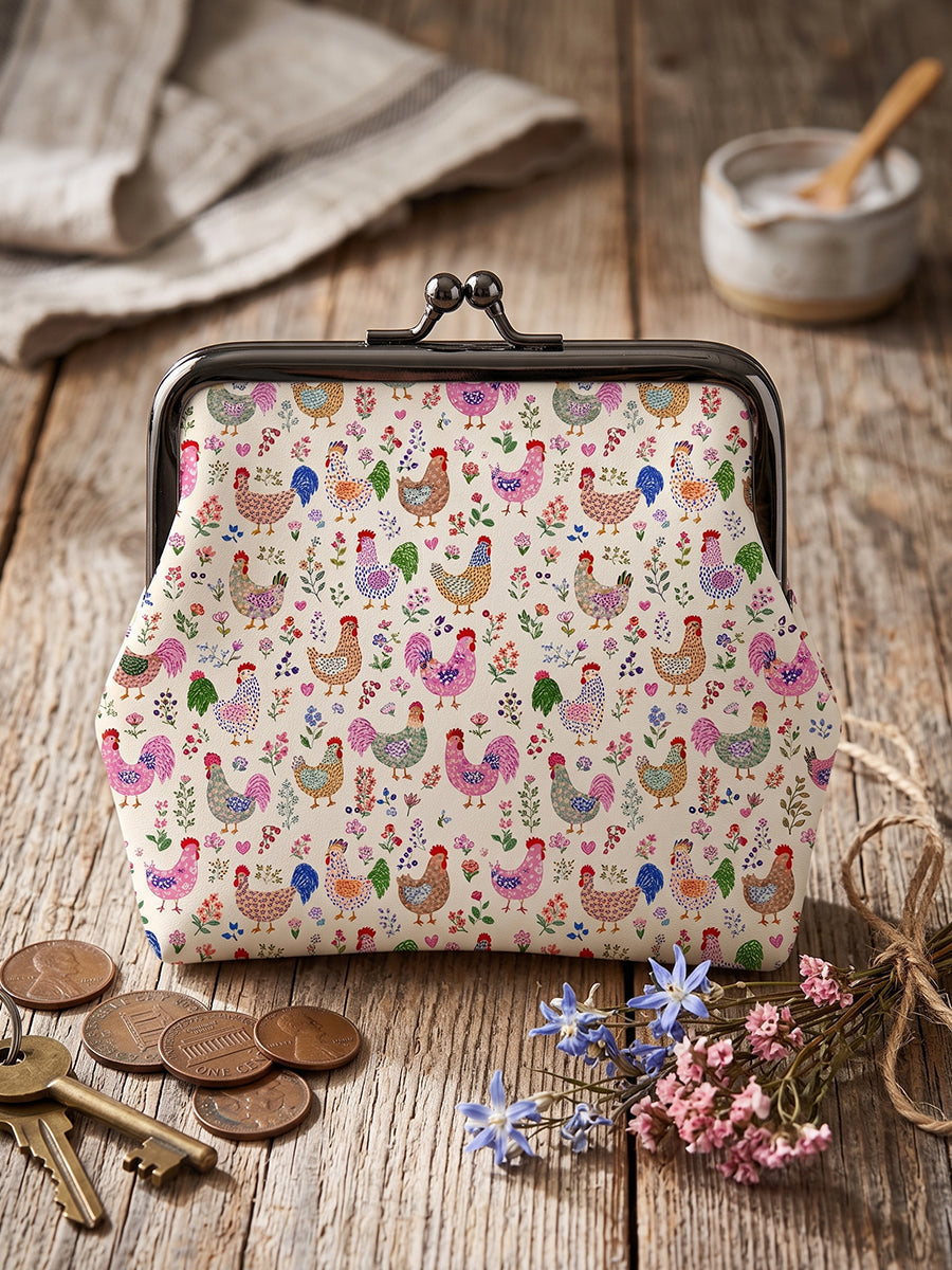 Colorful Farm Chickens Print Leather Mini Clasp Purse