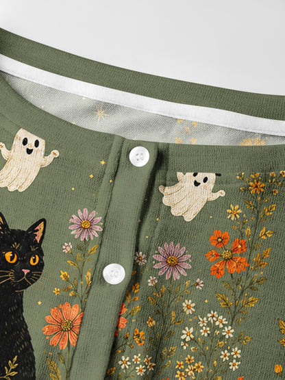 Lightweight Crew Neck Long‑Sleeve Cropped Twilight Pumpkin Garden Black Cat Print Fine‑Knit Cardigan