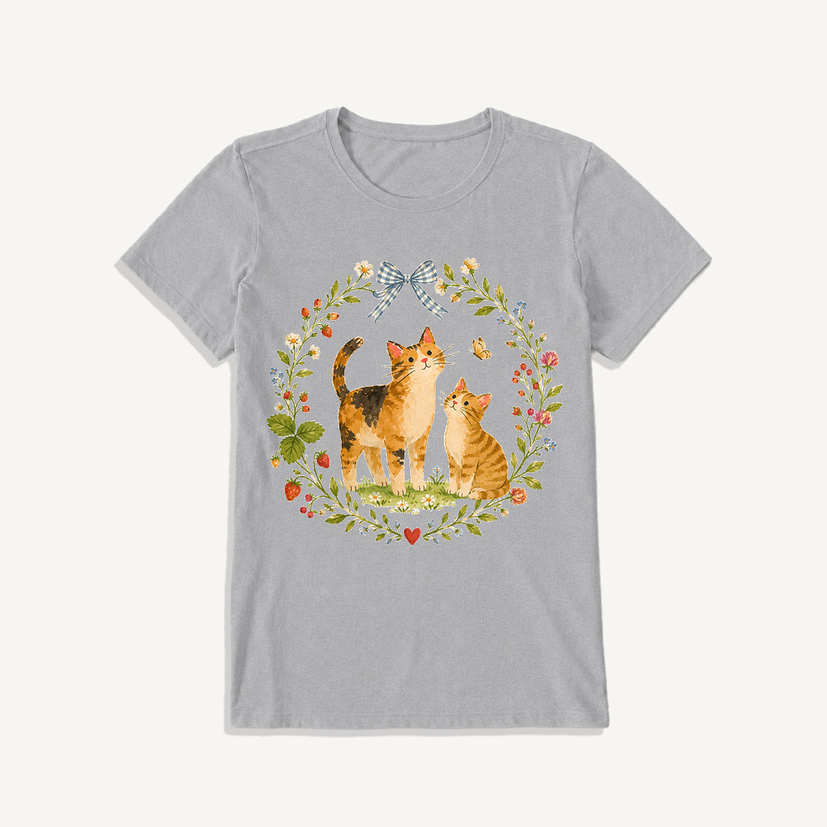 Strawberry Garden Cats Print Crew Neck Cotton Tee