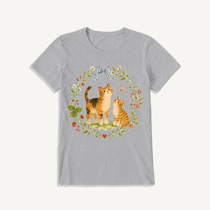 Strawberry Garden Cats Print Crew Neck Cotton Tee