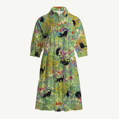 V Neck Collared Wildflower Garden Black Cat Mini Dress For Women With Pockets