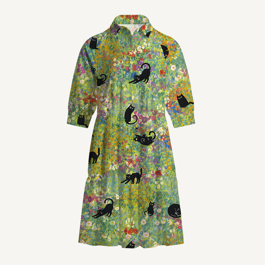V Neck Collared Wildflower Garden Black Cat Mini Dress For Women With Pockets