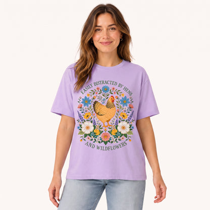 Hen and Wildflowers Cottage Print Crew Neck Cotton Tee