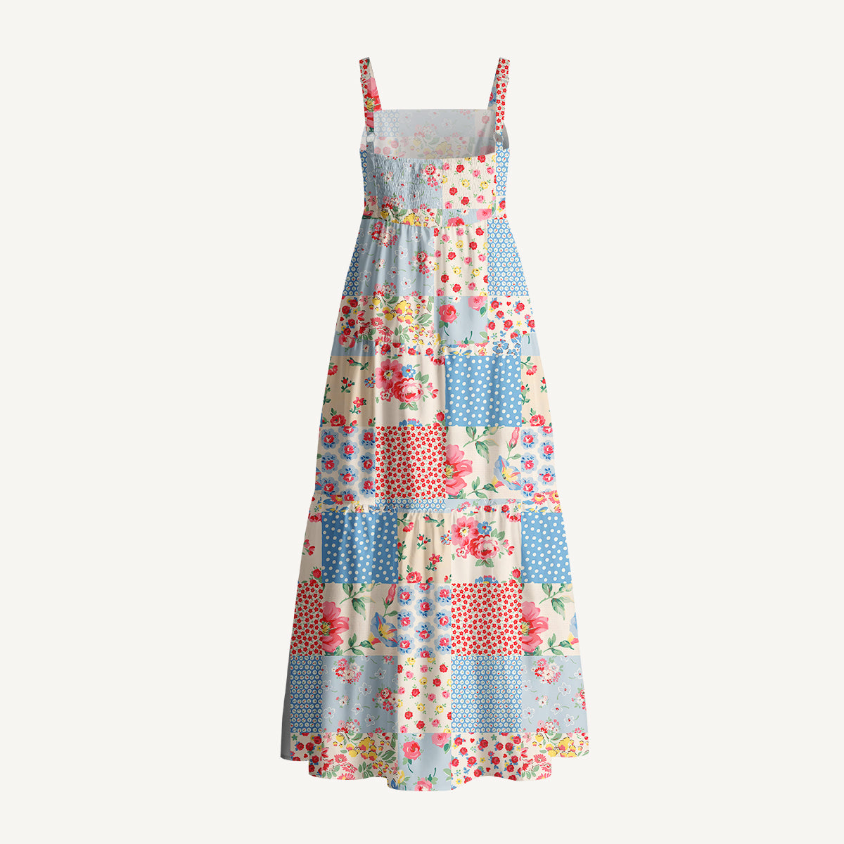 Square Neck Pastel Patc Print Cotton Wide Straps Maxi Dress With Pockets
