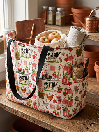 Watercolor Pink Farm Chicken Cow Print Tote Bag