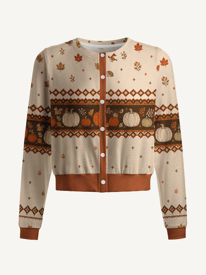Lightweight Crew Neck Long‑Sleeve Cropped Woodland Pumpkin Harvest Print Fine‑Knit Cardigan