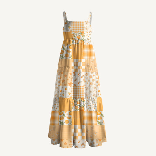 Lemon Sunshine Patchwork Print Wide Straps Maxi Dress With Pockets