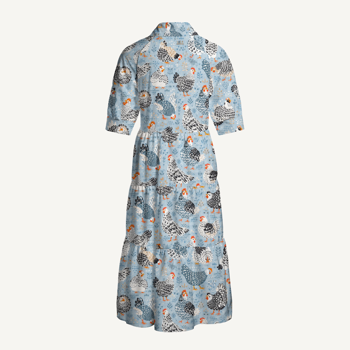 V Neck Collared Chickens Blue Print Casual Midi Dress With Pockets