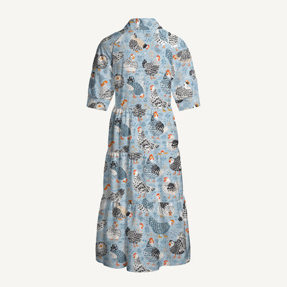 V Neck Collared Chickens Blue Print Casual Midi Dress With Pockets