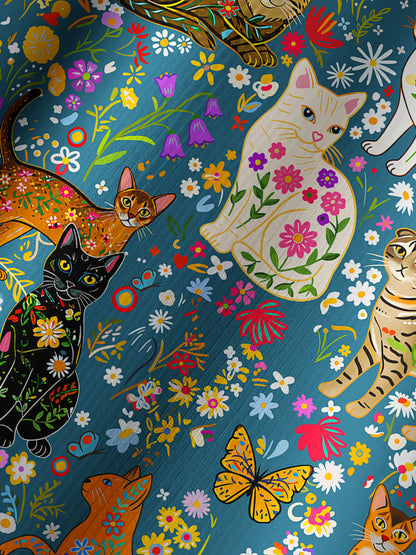 Colorful Garden Cat Pattern Print Boho Long Sleeve Tie‑Neck Blouse
