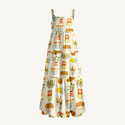 Vintage Flower Pot Gallery Print Wide Straps Maxi Dress With Pockets