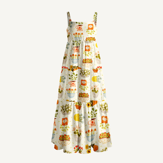 Vintage Flower Pot Gallery Print Wide Straps Maxi Dress With Pockets