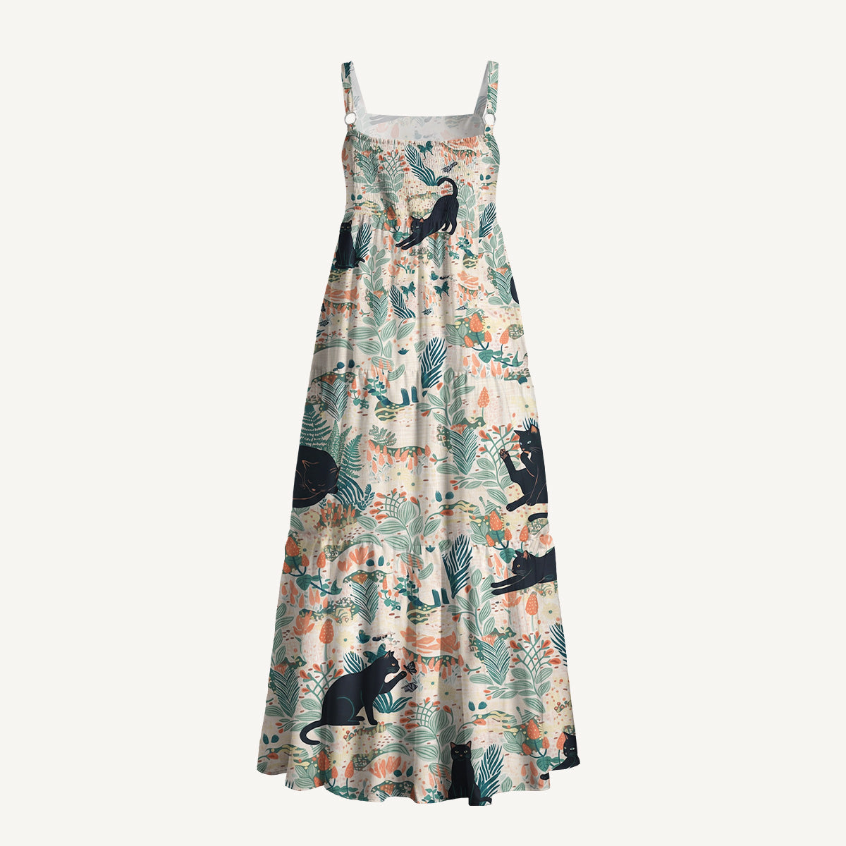 Square Neck Into the Woods Cats Print Wide Straps Maxi Dress With Pockets