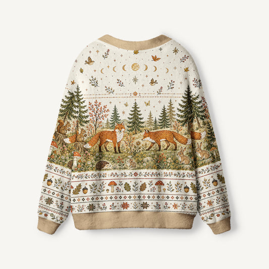 Moonlit Woodland Foxes Print Halloween Ugly Cardigan Sweaters