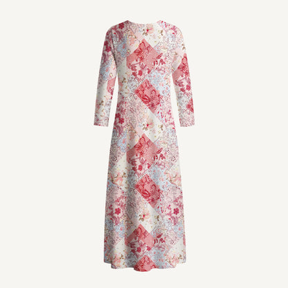 Shabby Chic Floral Patchwork Print Soft-Touch Stretch Knit Long Sleeve Maxi Dress with Pockets
