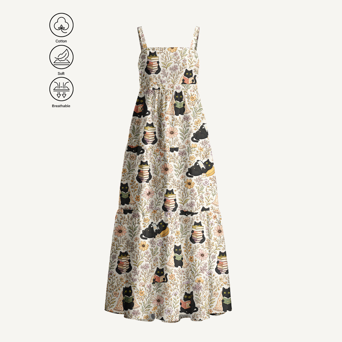 Books Blooms and Black Cats Print Cotton Wide Straps Maxi Dress With Pockets