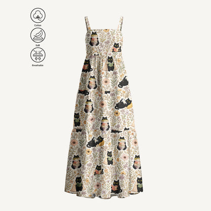 Books Blooms and Black Cats Print Cotton Wide Straps Maxi Dress With Pockets