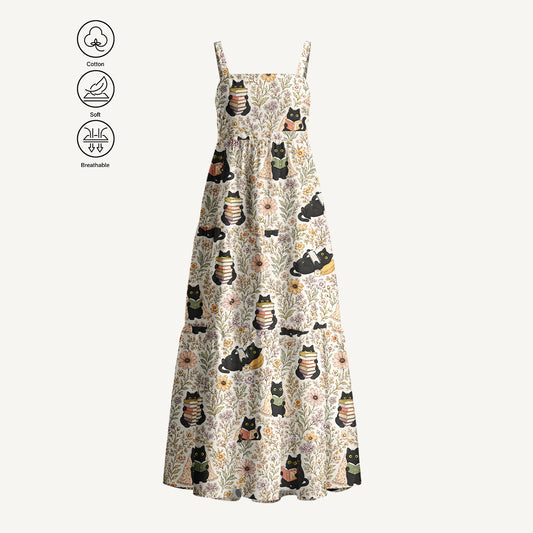 Books Blooms and Black Cats Print Cotton Wide Straps Maxi Dress With Pockets
