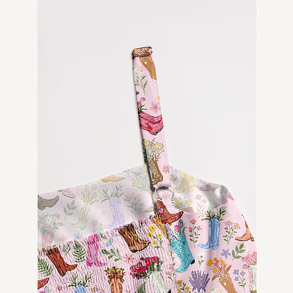 Vintage Floral Cowboy Boots Print Wide Straps Maxi Dress With Pockets