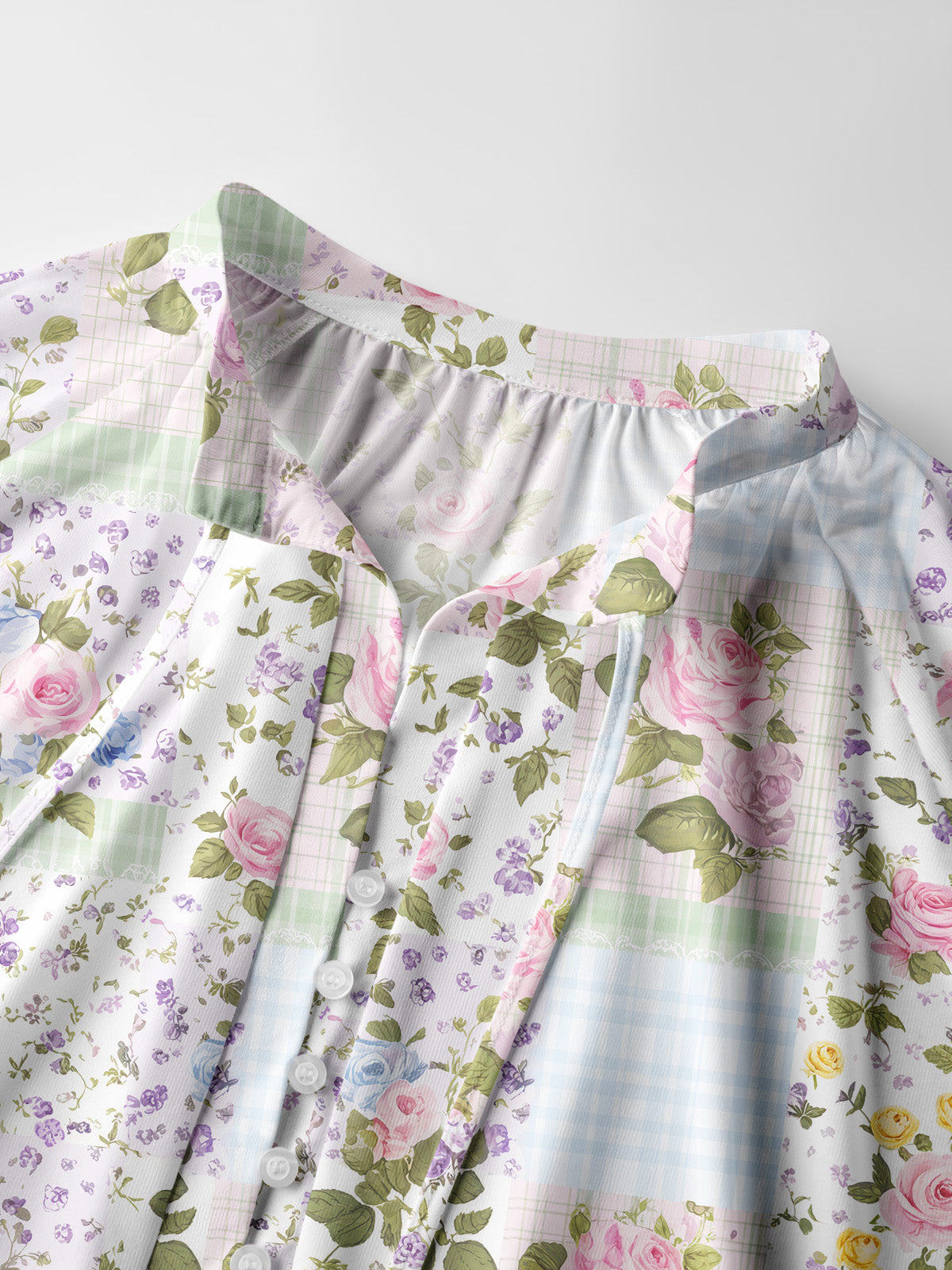 Pastel Rose Patchwok Print Boho Long Sleeve Tie‑Neck Blouse
