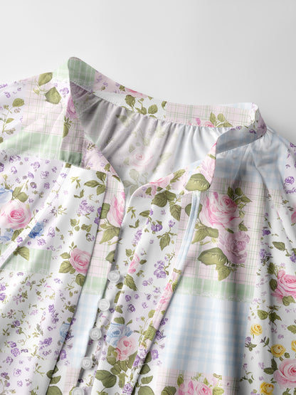 Pastel Rose Patchwok Print Boho Long Sleeve Tie‑Neck Blouse