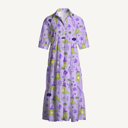 V Neck Collared Frog Yoga Print Casual Midi Dress With Pockets