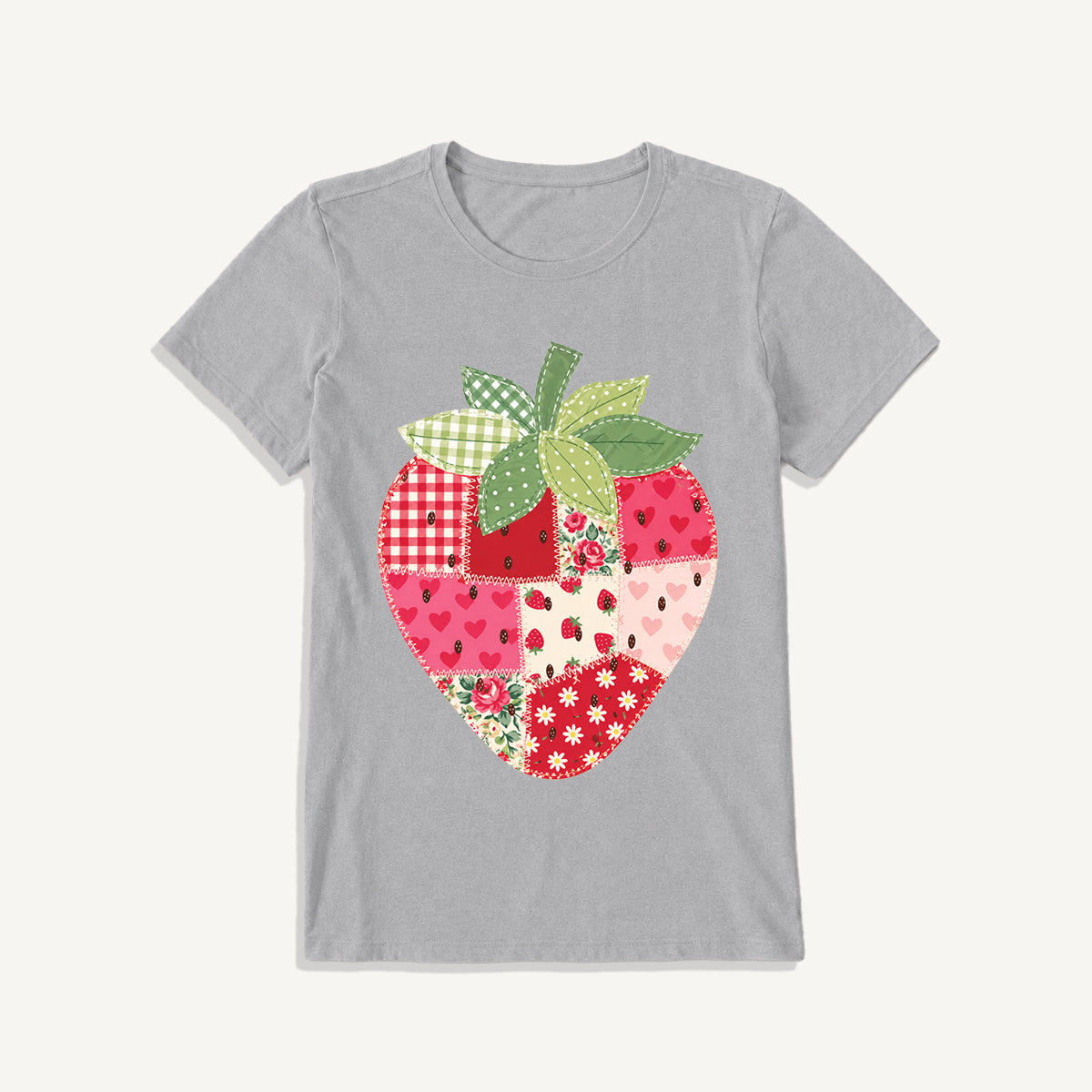 Folk Patchwork Strawberry Print Crew Neck Cotton Tee